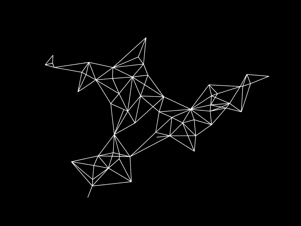 Minimalist monochrome low poly wireframe display tracking clean white structural paths mapping geometric data networks across a dark background